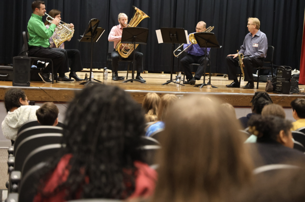 Hartford Symphony Orchestra Brass Quintet puts on a special performance for Sage Park Middle School band students. 