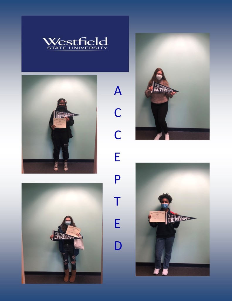 four students accepted to Westfield University hold banners
