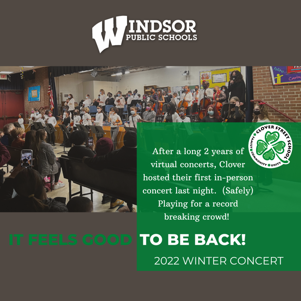 BACK TO THE MUSIC... Congratulations to Clover Street School for an amazing Winter Concert last night!  Their first in-person concert in 2 years!! Shout out to Ms. Kramer and Ms. Baker for organizing a wonderful program! #weareWINdsor #feelsgoodtobeback 