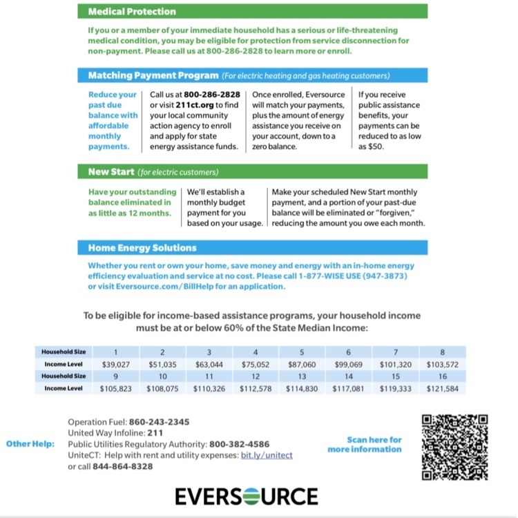 Struggling to pay your electric or heating bill? For more information on these assistance programs scan the QR code or go to  EVERSOURCE.com/BillHelp #familyresources #inthistogether #wearewindsor