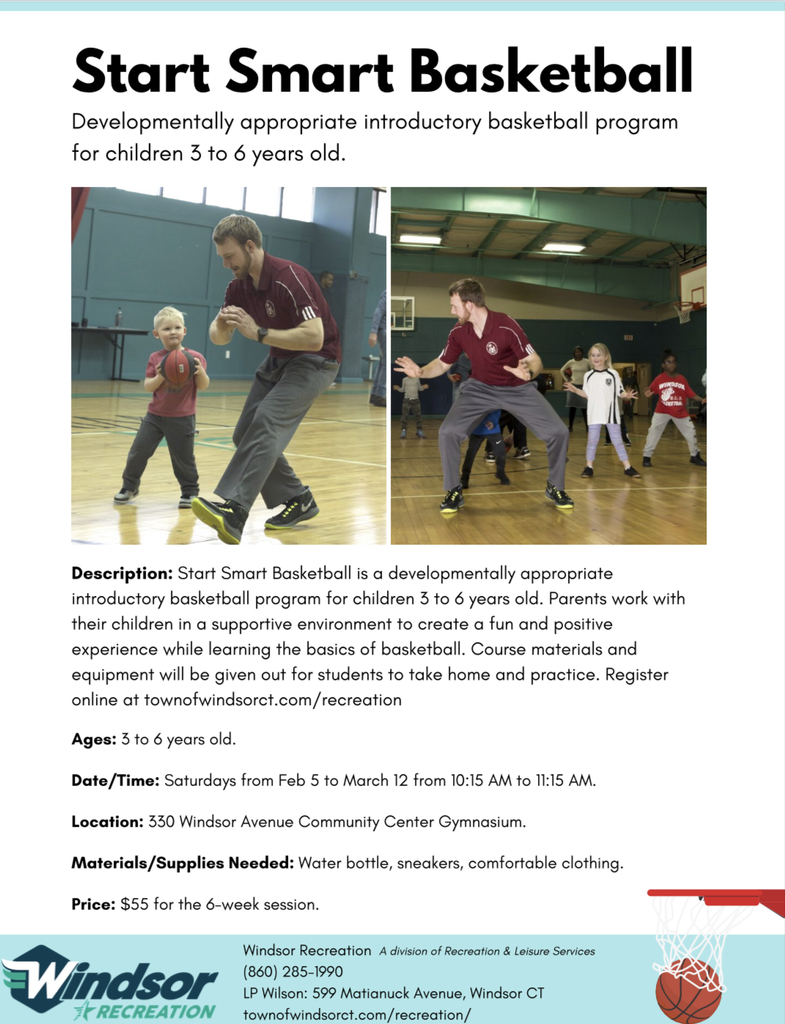 Saturday's @ 10:15 Now-Mar 12 : START SMART BASKETBALL, a developmentally appropriate introductory basketball program for children 3 to 6 years old.  See flyer for more info: https://5il.co/1595l