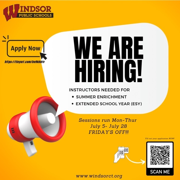 Looking for a summer job with Friday’s off?? Windsor Public Schools is hiring for our Summer Enrichment & Extended School Day Programs!! Apply Now! Link in bio! #weareWINdsor #teachCT   
