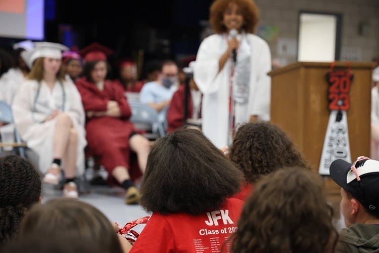 students participating in the class of 2023 senior walk at JFK school