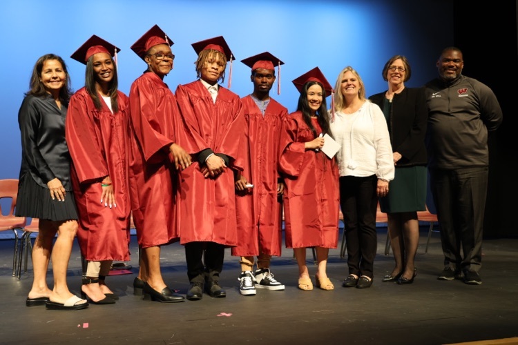 Our Adult Ed. graduates  photoed with Program Director Mayela Aguirre, Deputy Mayor Lisa Bress, and Superintendent of Schools Dr. Terrell Hill